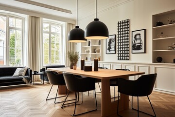 Classic Black and White Decor: Modern Apartment with Dutch Style Dining Table and Pendant Lights - obrazy, fototapety, plakaty