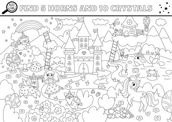 Vector black and white unicorn searching game with magic village landscape. Spot hidden crystals and horns. Fantasy or fairytale world seek and find printable activity or coloring page for kids.