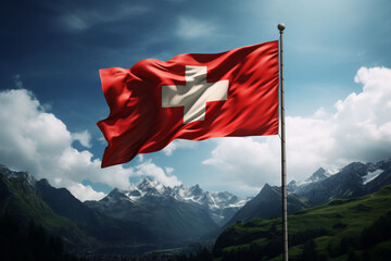 Swiss Flag Waving Against Majestic Alpine Mountains