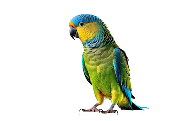 Colorful parakeet full body portrait, isolated against a stark white background, showcasing the bird's vibrant plumage in high definition, stock photograph, natural pose, feather details visible