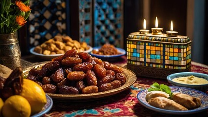 holy Ramadan iftar foods in a table at sunset time background photo