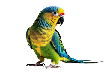 Colorful parakeet full body portrait, isolated against a stark white background, showcasing the bird's vibrant plumage in high definition, stock photograph, natural pose, feather details visible