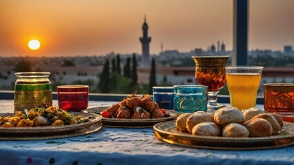 Fototapeta premium holy Ramadan iftar foods in a table at sunset time background photo