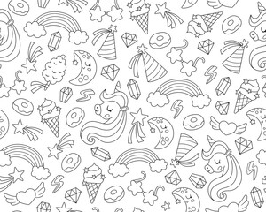Vector black and white seamless pattern for unicorn birthday party. Repeat background with falling star, crystal, doughnut, rainbow, sweets. Fantasy or fairytale digital paper, coloring page.