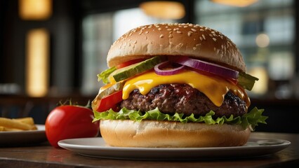hamburger on a plate in restaurant background photo
