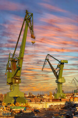 High cranes in the Gdańsk Stocznia, old shipyard	
