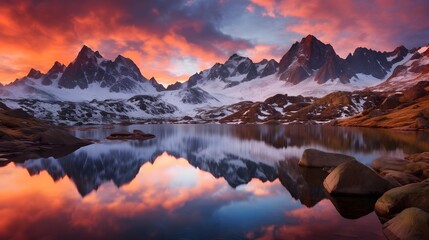 Mountain lake at sunset with reflection in water. Panorama.