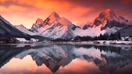 Panoramic view of snowcapped mountains reflected in lake at sunset