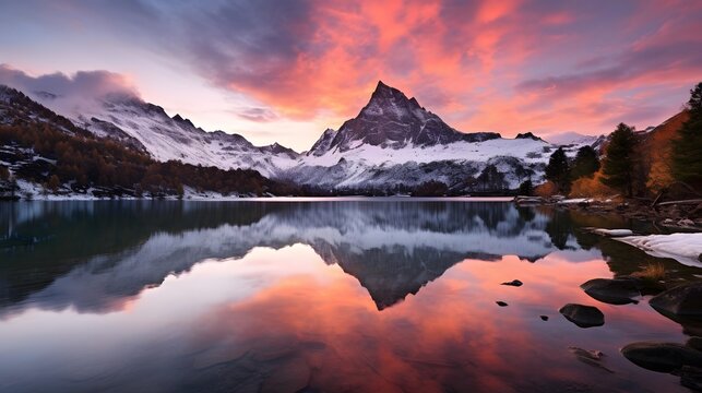 Panoramic view of snow capped mountain peaks reflected in lake at sunset