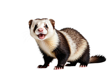 Fototapeta premium Happy ferret, full body portrait, isolated against a pure white background, poised in a playful stance, capturing the texture of its fur, professional studio lighting accentuating the ferret's lively 