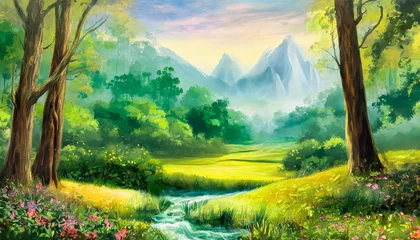 Fototapete Gelb artistic conception of beautiful landscape painting of nature of forest background illustration tender and dreamy design