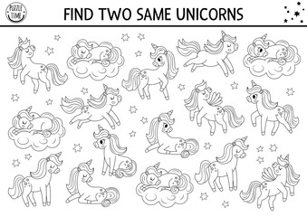 Find two same unicorns coloring page. Magic world matching activity for children. Fantasy or fairytale educational quiz worksheet for kids. Black and white printable game with pony, star, cloud.