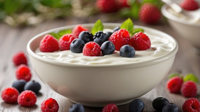 yogurt with raspberry and mint photo