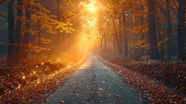 Forest Road Under Sunset Sunbeams. Lane Running Through The Autumn Deciduous Forest At Dawn Or Sunrise. Toned Instant Photo.