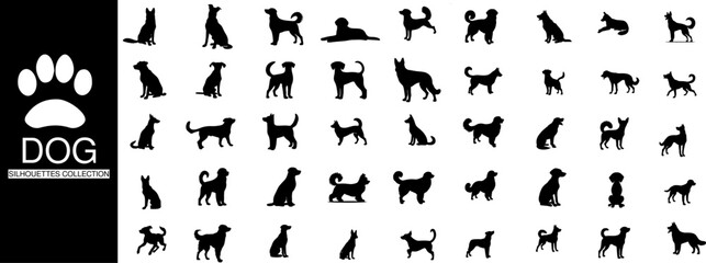collection of dog silhouettes, capture the essence and diversity of various poses in a minimalist style