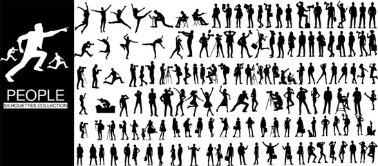 a collection of silhouettes of people, featuring a variety of poses and activities in elegant minimalist art