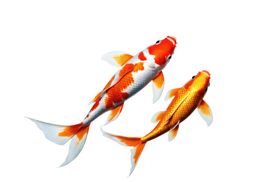 Koi fish exuding happiness, full body view, isolation against pure white backdrop, stock photography style, showcase of scales and fins details, reflection of light on aquatic texture
