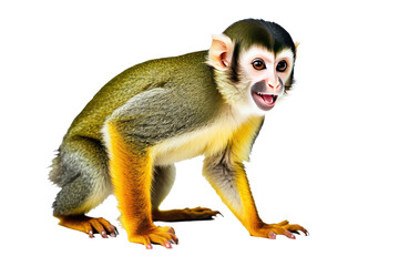 Squirrel monkey in full body, exuding happiness, isolated on white background, high-definition stock photograph, capturing every detail from the texture of its fur to the sparkle in its eyes