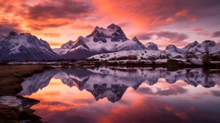 Fototapeta na wymiar Panoramic view of snowy mountains reflected in water at sunset.