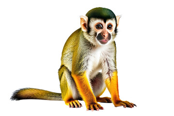 Squirrel monkey in full body, exuding happiness, isolated on white background, high-definition stock photograph, capturing every detail from the texture of its fur to the sparkle in its eyes