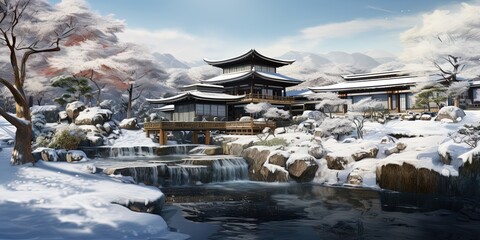 Onsen ryokan or a traditional classic modern Japanese house with Japanese garden in wintertime.