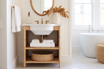 Coastal Wave-Patterned Tiles Bathroom: Rattan Storage & White Sink Design