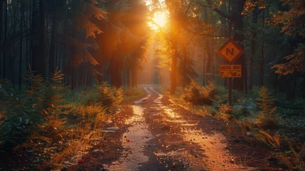 Photo sur Plexiglas Matin avec brouillard Forest Road Under Sunset Sunbeams. Lane Running Through The Autumn Deciduous Forest At Dawn Or Sunrise. Toned Instant Photo.