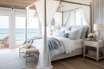Oceanic Serenity: Coastal Bedroom Design with Fairy-Tale Canopy Beds and Airy Drapes - obrazy, fototapety, plakaty