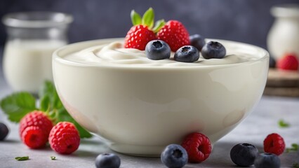 yogurt with raspberries and blueberries food photo