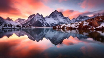 Panoramic view of snowy mountains and lake at sunset, Switzerland