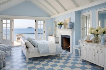 Seaside Serenity: Coastal Bedroom Escape with Ocean Views & Classic Checkerboard Floors