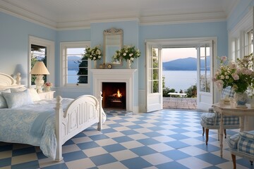 Sea-View Coastal Bedroom with Traditional Checkerboard Floors and Light Blue Walls