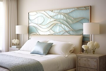 Vintage Glass Panel Coastal Bedroom with Wave Design Headboard