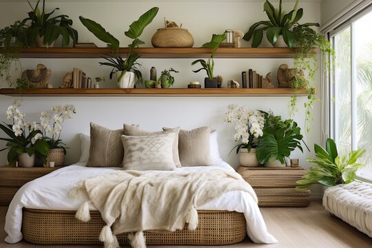 Rattan Coastal Bedroom: Tropical Fern and Orchid Displays on Floating Wood Shelves