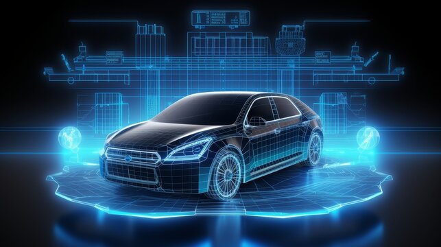 Futuristic electric car with holographic wireframe digital technology background - Powered by Adobe