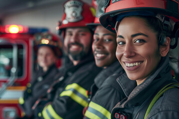 Group of interracial firefighters, women and men ready to get on fire truck - obrazy, fototapety, plakaty