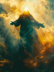 Ascension of Christ. Shining silhouette in the clouds, copy space - generative ai