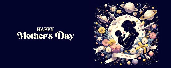 Happy Mothers Day clipart with lovely mom and kid and flowers border- 2d illustration banner