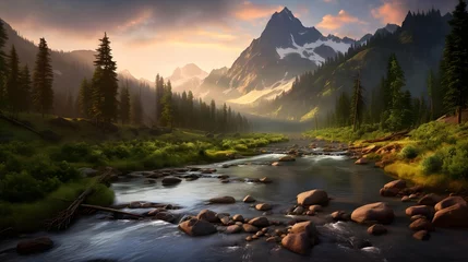  Panorama of a mountain river in the mountains at sunset. Beautiful summer landscape. © Iman