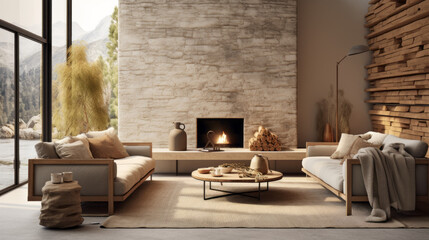A stylish living room featuring wood, stone, and rattan accents - obrazy, fototapety, plakaty