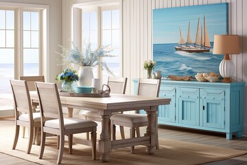 Coastal Cottage Dining Room Ideas: Farmhouse Style Table with Ocean-Inspired Decor