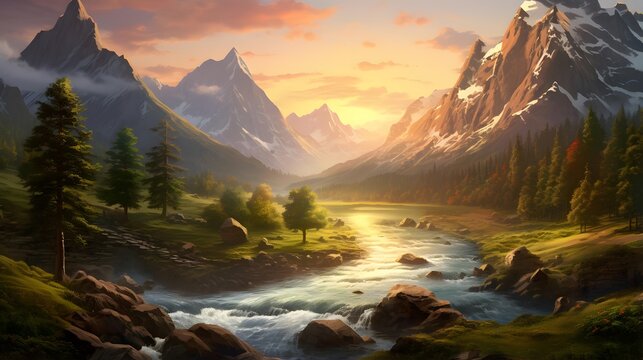 Mountain landscape with river. Panoramic view. Digital painting.