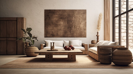 A stylish living room featuring wood, stone, and rattan accents