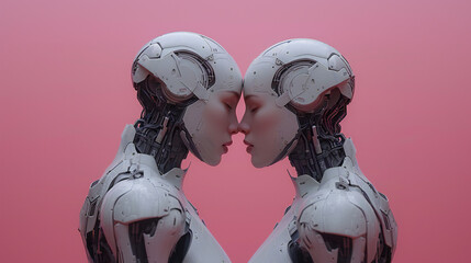Futuristic Robots Face to Face on Pink Background - Perfect for: technology, artificial intelligence, innovation, science fiction
