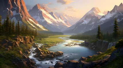 Mountain landscape. Panoramic view of a mountain river.
