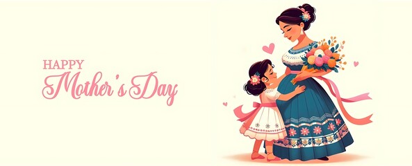 Happy Mothers Day clipart with lovely mom and kid- 2d illustration banner