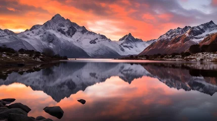 Rollo Panoramic view of snow capped mountains reflected in lake at sunset © Iman
