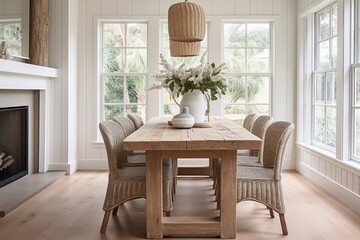 Coastal Cottage Dining Room Ideas: Rustic Wooden Table, White Chairs, Beach-Inspired Decor Delight