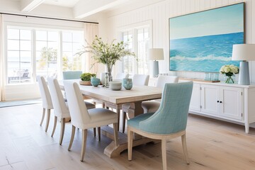 Turquoise Beachy Vibes: Coastal Cottage Dining Room Ideas with White Table and Chairs