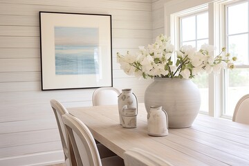 White Shiplap Walls: Coastal Cottage Dining Room Ideas with Driftwood Centerpiece